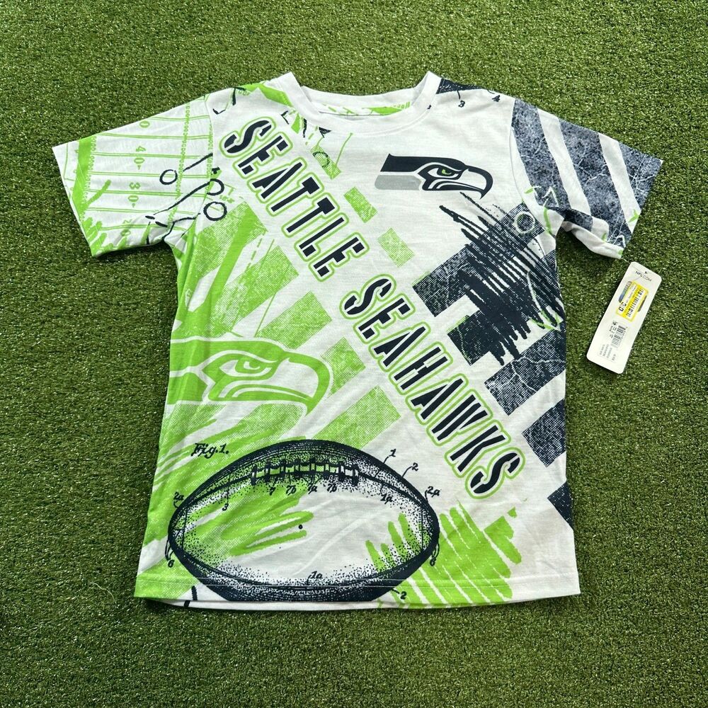 NFL Team Apparel Seattle Seahawks All Over Print T-Shirt Boys Youth M 8/10 NWT